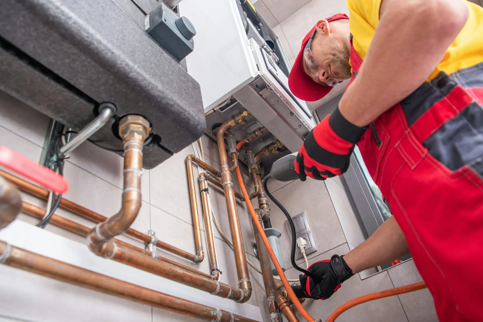 Engineer in a red cap and overalls fitting copper pipework beneath a wall-mounted boiler