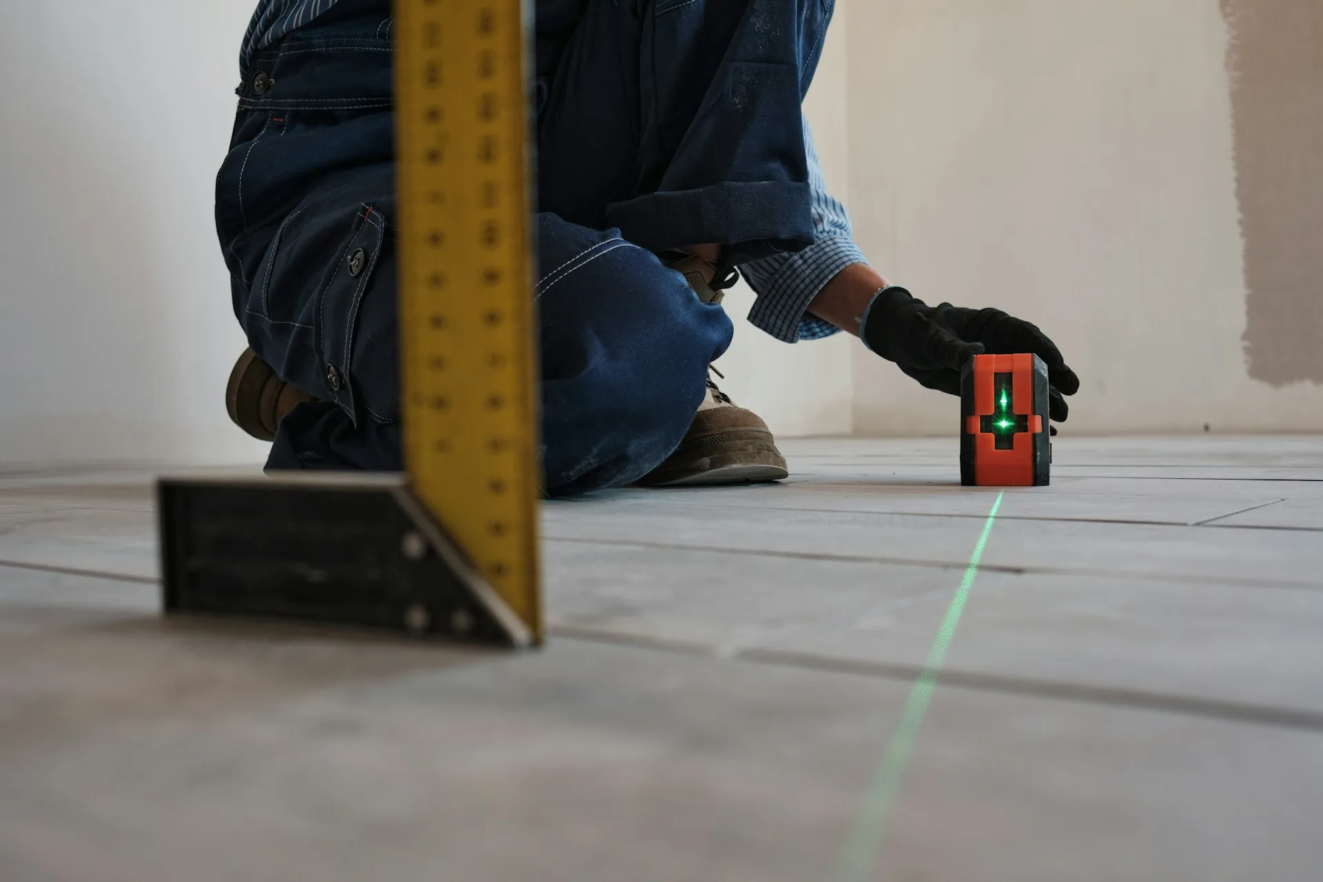 Tradesperson kneeling on a tiled floor beside a laser level projecting a green line